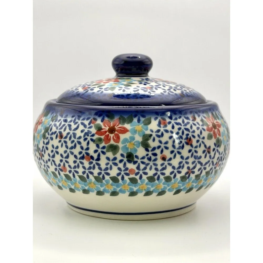 Ceramika Boleslawiec Handmade Blue & White Floral Ceramic Jar with Lid 6” Dia
